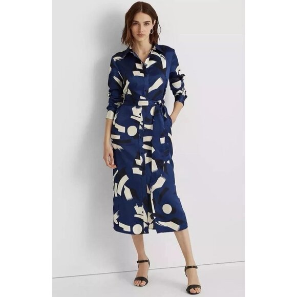 Ralph Lauren Dresses & Skirts - RALPH LAUREN Black Label Charmeuse Geometric Shirt Dress Size 6 NEW Office